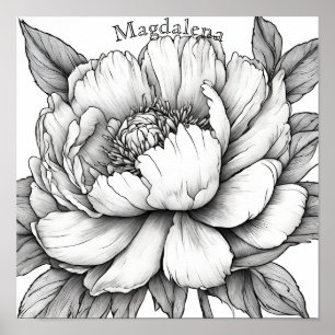 Detailed Peony Flower Close Up Name Colouring Poster