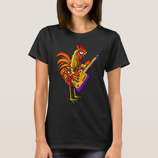 Detailed Rooster Playing Original Three String Gui T-Shirt (Front)
