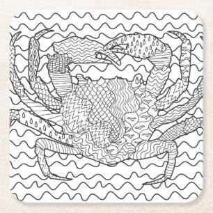 Detailed Sea Crab Doodle Square Paper Coaster
