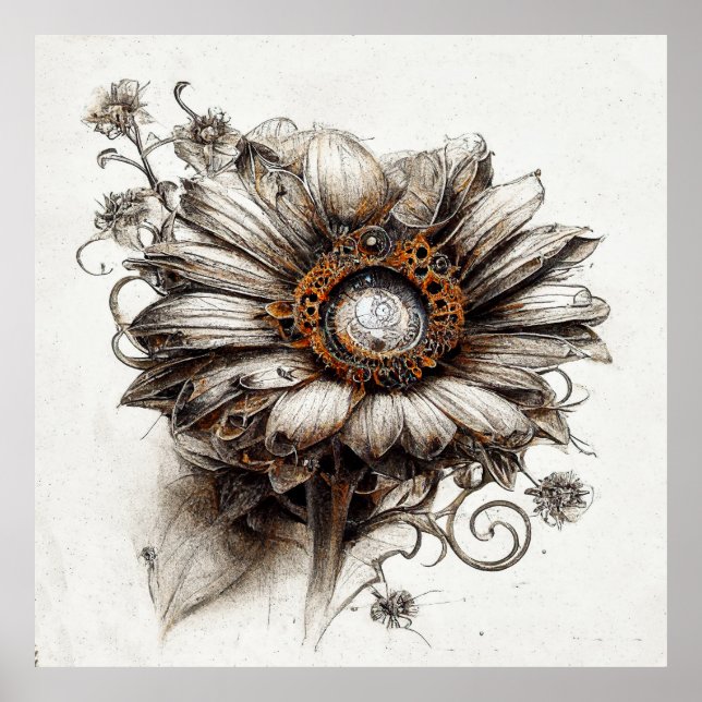   Detailed Steampunk Daisy Sketch in Pencil-Poster Poster (Front)