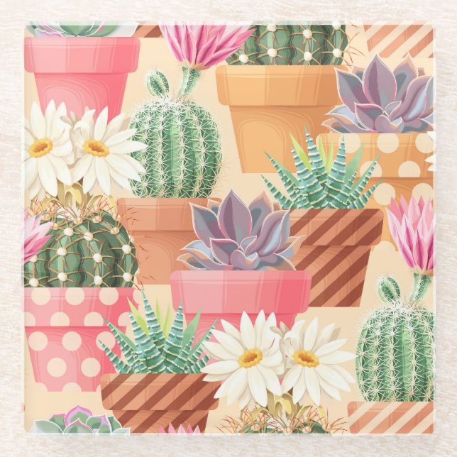 Detailed succulent, cactus seamless pattern. glass coaster (Front)