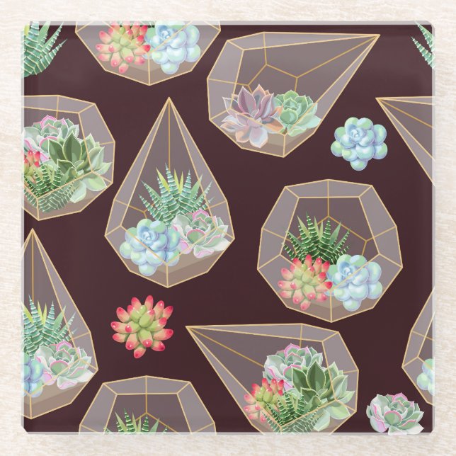 Detailed Succulent Cactus Seamless Pattern Glass Coaster (Front)