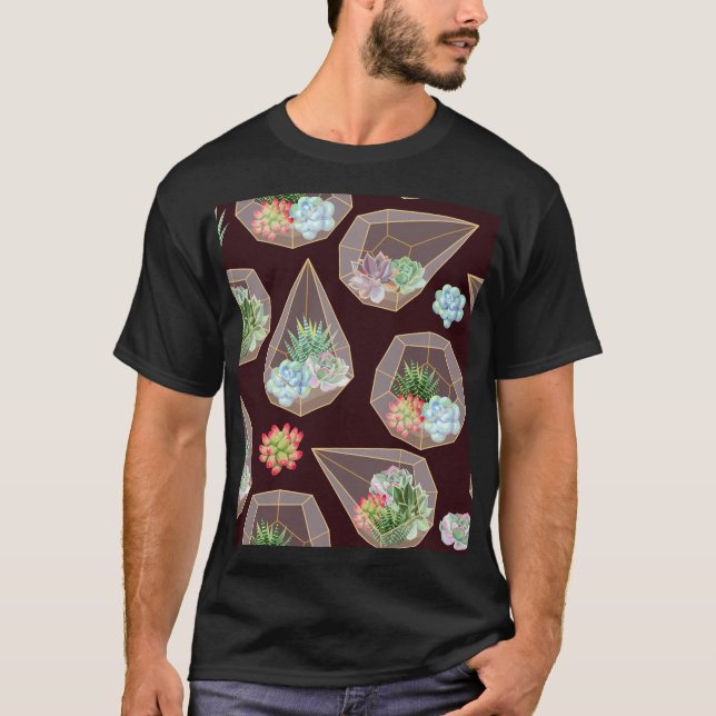 Detailed Succulent Cactus Seamless Pattern T-Shirt (Front)