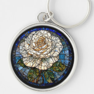 Detailed White Rose Beautiful Stained Glass Art Key Ring