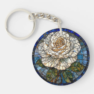 Detailed White Rose Beautiful Stained Glass Art Key Ring