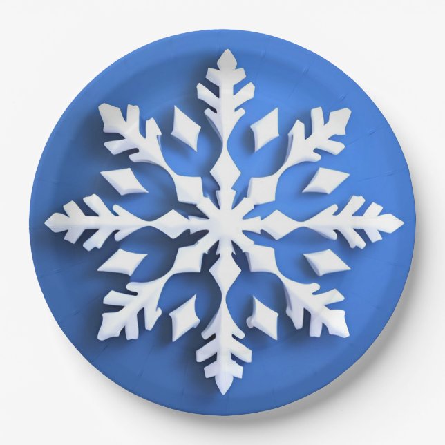 Detailed White Snowflake Design Paper Plate (Front)