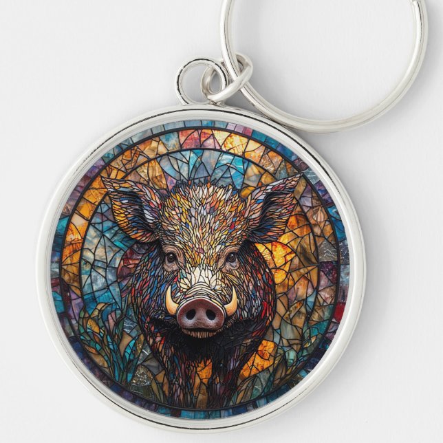 Detailed Wild Boar Stained Glass Artwork Key Ring (Front)