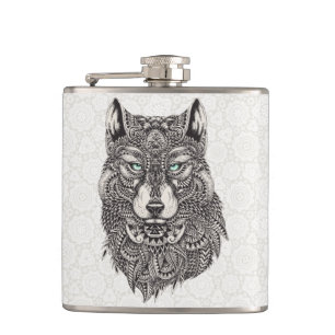 Detailed Wolf Portrait Illustration Hip Flask