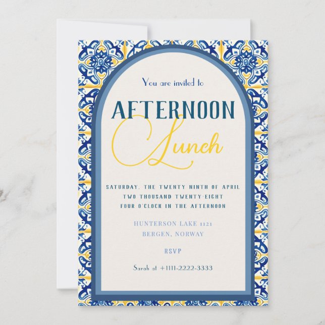 Detailed Yellow And Blue Geometric Tile Invitation (Front)