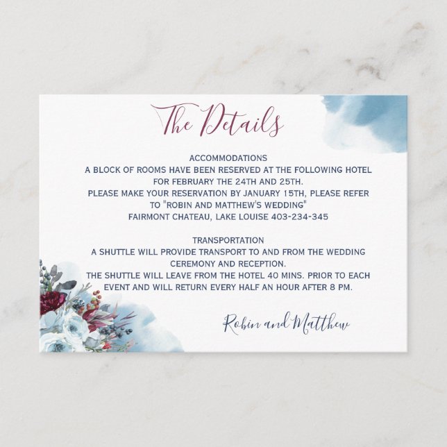 Details, Blue, Burgundy and Purple Floral Enclosure Card (Front)