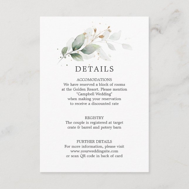 DETAILS Botanical Greenery Gold Wedding QR code Enclosure Card (Front)