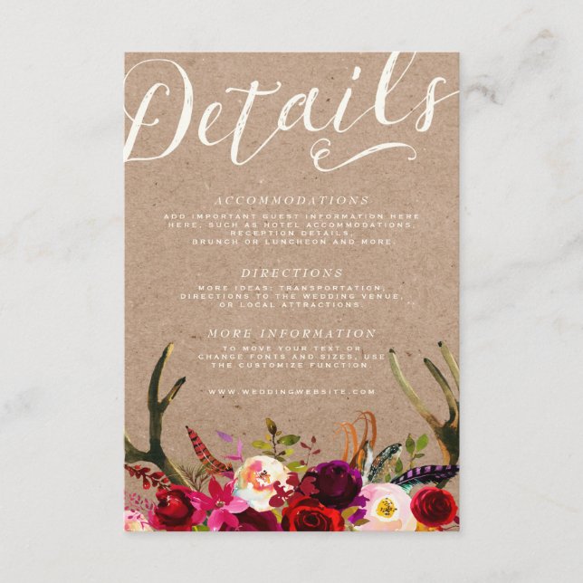 DETAILS CARD | Elegant Floral Boho Rustic Antlers (Front)