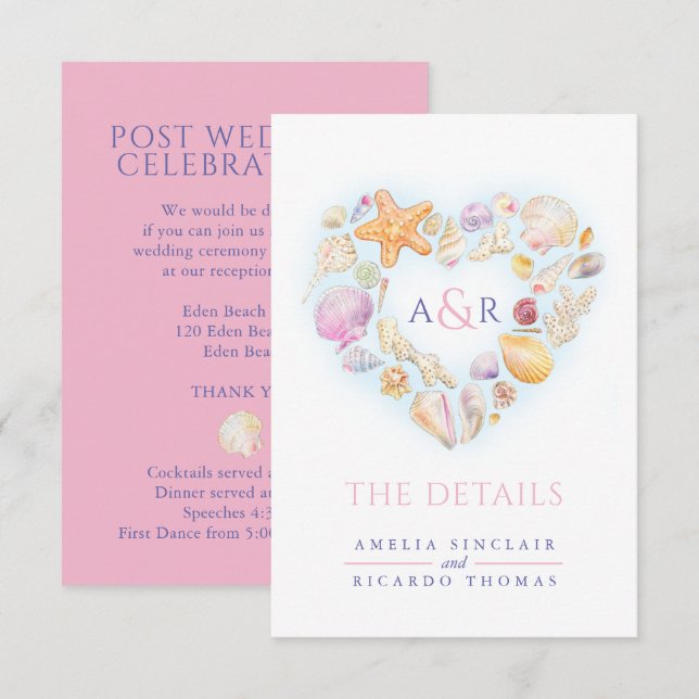 Details changes heart shells beach wedding enclosure card (Front/Back)