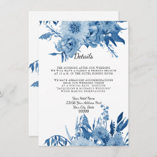 Details Hotel Accommodations Blue n White Floral Invitation