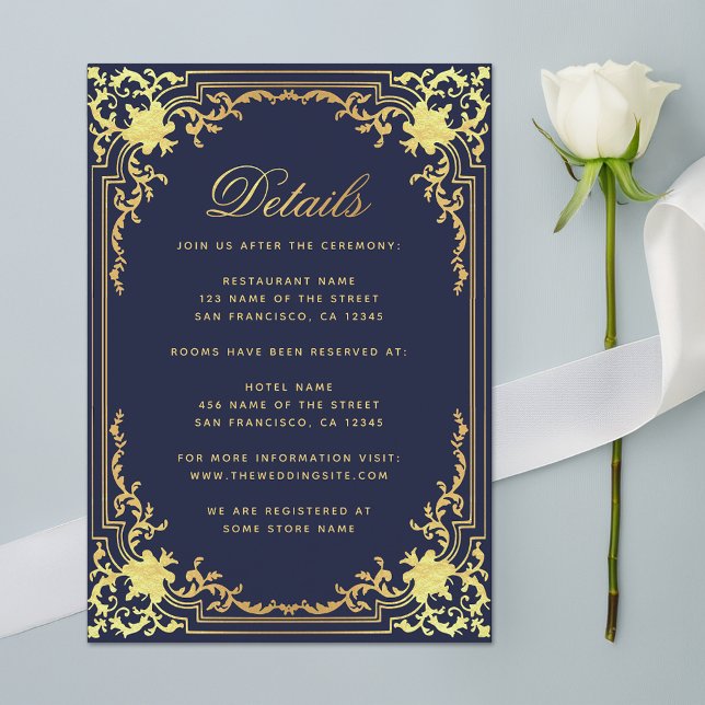 Details Navy Blue Elegant Ornate Faux Gold Wedding Enclosure Card (Creator Uploaded)