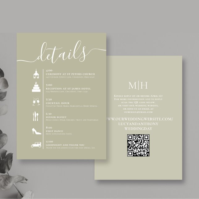 Details QR Code Wedding Timeline Sage Green Enclosure Card (Sage green wedding details enclosure card with QR Code timeline. )