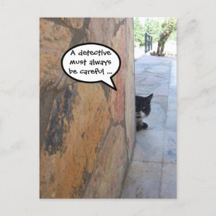 DETECTIVE CAT BEHIND THE STONE WALL / Father's Day Postcard