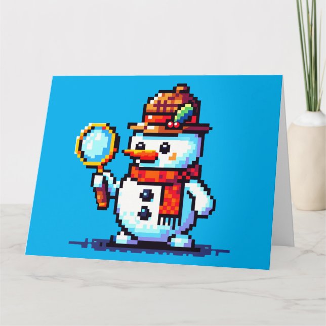 Detective Snowman - Funny Pixel Art Winter Mystery Card (Front)
