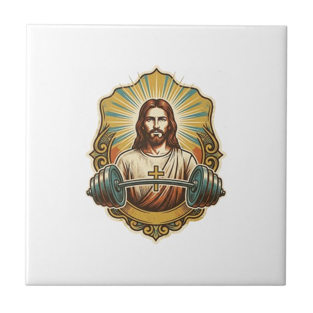 Determined Jesus Heavy Iron Barbell Powerlifting G Ceramic Tile (Front)