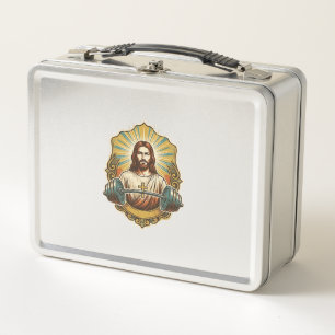 Determined Jesus Heavy Iron Barbell Powerlifting G Metal Lunch Box