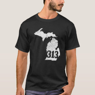Detroit 313 Area Code Michigan Map State Pride Vin T-Shirt