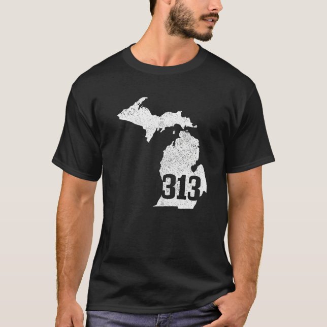 Detroit 313 Area Code Michigan Map State Pride Vin T-Shirt (Front)