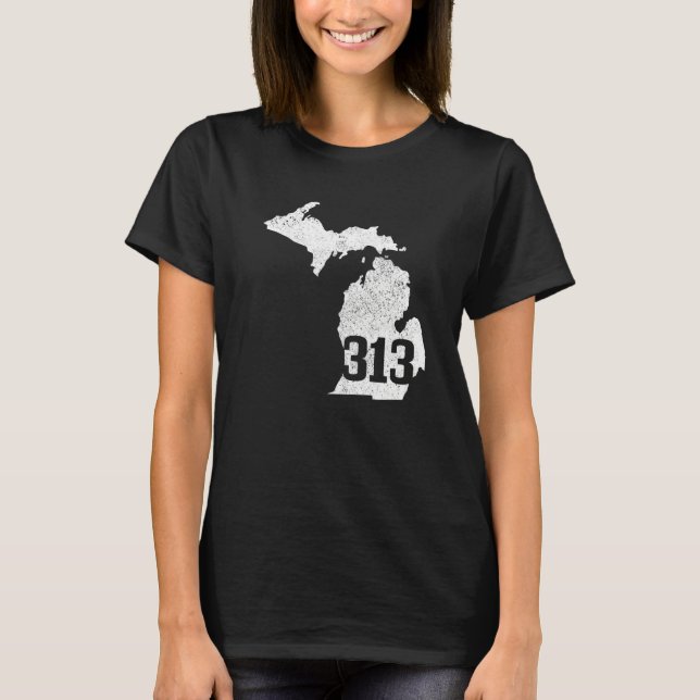 Detroit 313 Area Code Michigan Map State Pride Vin T-Shirt (Front)