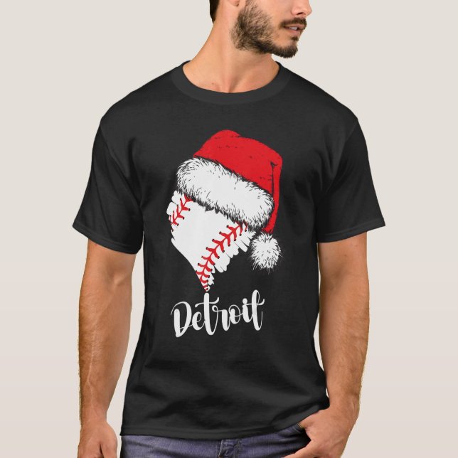 Detroit Baseball Heart Santa Hat Merry Xmas T-Shirt (Front)