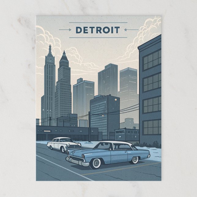 Detroit: Classic Cars and Urban Skyline Illustrati Postcard (Creator Uploaded)