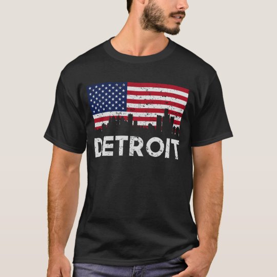 Detroit MI American Flag Skyline Distressed T-Shirt