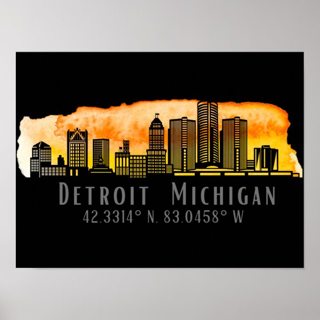 Detroit MI Skyline Latitude and Longitude Print (Front)