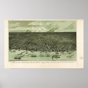 Detroit Michigan 1889 Antique Panoramic Map Poster