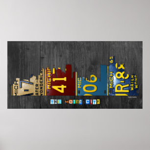 Detroit Michigan City Skyline License Plate Art Poster