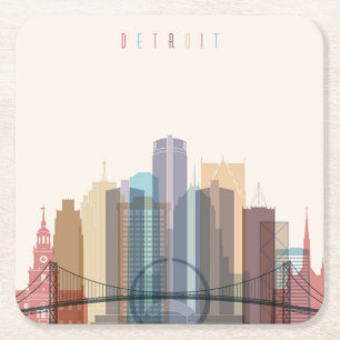 Detroit, Michigan City Skyline Square Paper Coaster