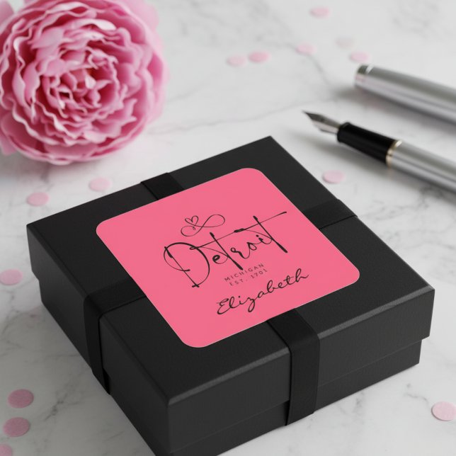 Detroit Michigan Est 1701 "Your Name" Pink Square Sticker (Detroit Michigan Est 1701 "Your Name" Pink Square Sticker)