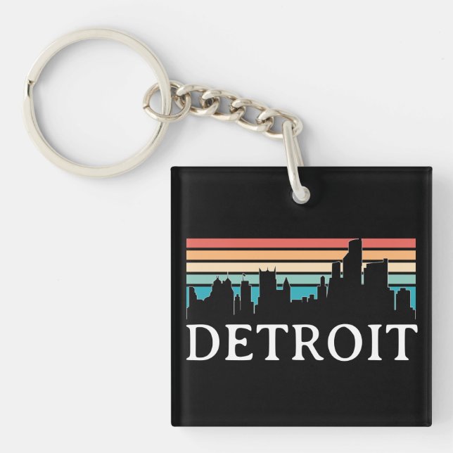 Detroit Michigan Retro Vintage Sunset Skyline Key Ring (Front)