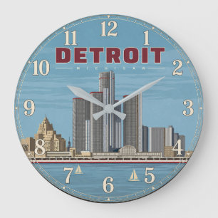 Detroit Michigan Skyline Vintage Travel Poster Large Clock