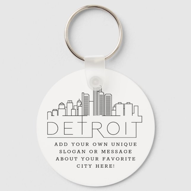 Detroit, Michigan Stylized Skyline | Custom Slogan Key Ring (Front)