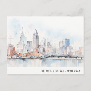Detroit Michigan Watercolor Landscape Travel Holiday Postcard