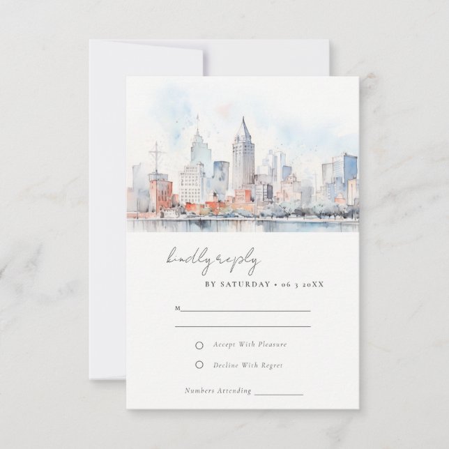 Detroit Michigan Watercolor Landscape Wedding RSVP Card (Front)
