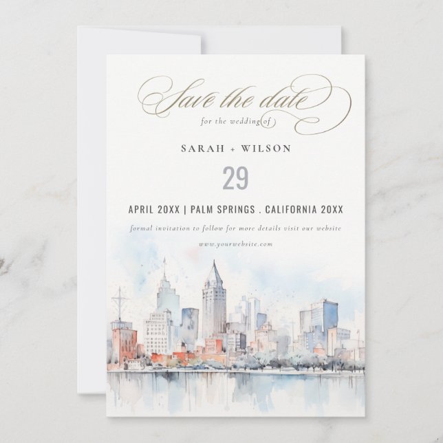Detroit Michigan Watercolor Landscape Wedding Save The Date (Front)