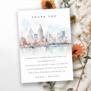 Detroit Michigan Watercolor Landscape Wedding Thank You Card