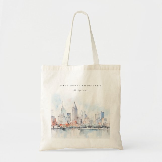 Detroit Michigan Watercolor Landscape Wedding Tote Bag (Front)