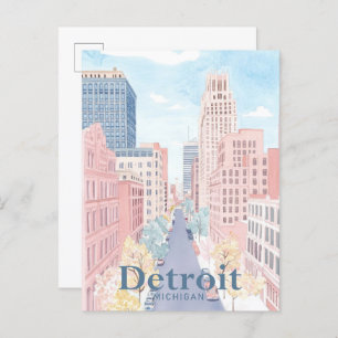 Detroit Michigan Watercolor Painting Travel Postcard