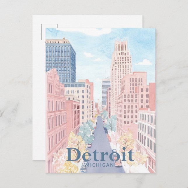 Detroit Michigan Watercolor Painting Travel Postcard (Front/Back)