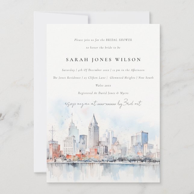Detroit Michigan Watercolor Scape Bridal Shower Invitation (Front)