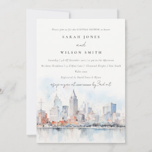 Detroit Michigan Watercolor Scape Couples Shower Invitation