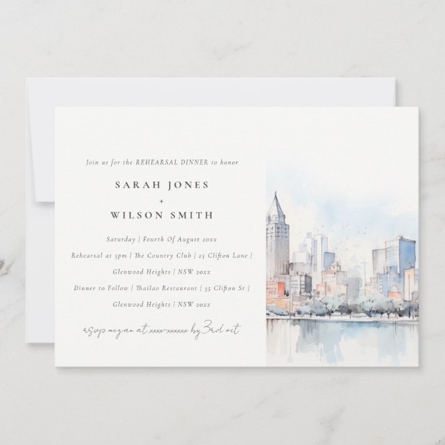 Detroit Michigan Watercolor Scape Rehearsal Dinner Invitation (Front)