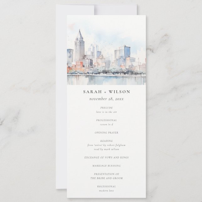 Detroit Michigan Watercolor Scape Wedding Program (Front)