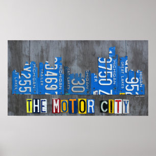 Detroit Motor City License Plate Skyline Poster